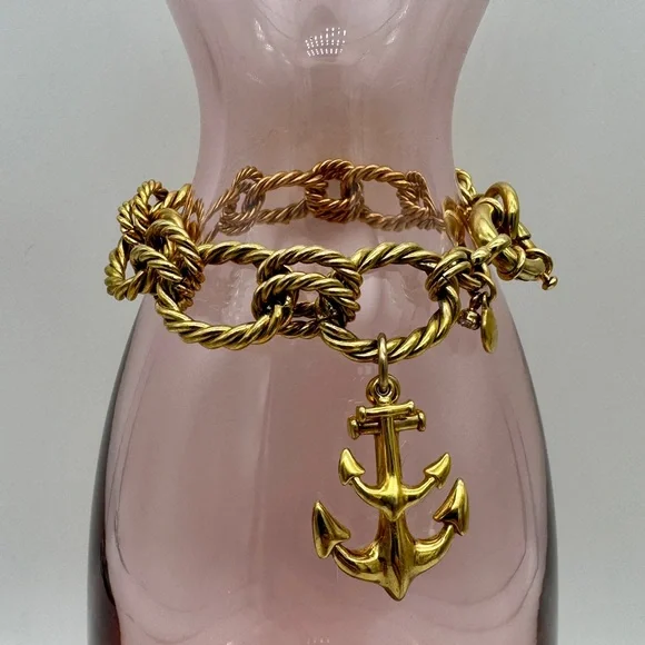 J CREW Gold Rope Link Bracelet with Anchor Charms - Picture 2 of 7